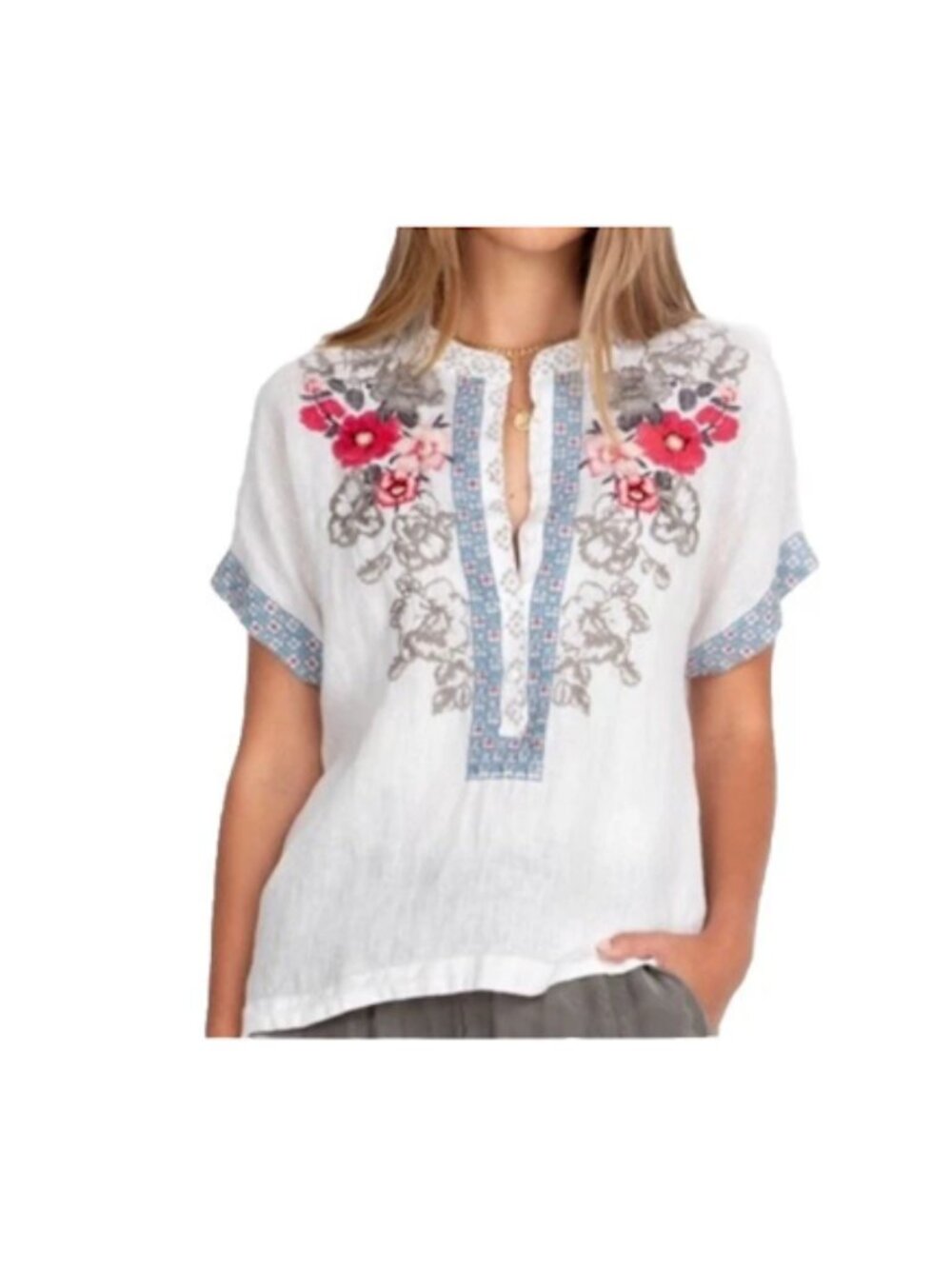Johnny Was 100% Linen Floral Embroidered Peasant Boxy Top Blouse Size S